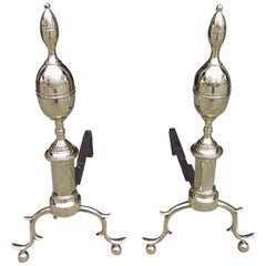 Antique Pair of American Brass Lemon on Lemon Andirons with Spur Legs, N.Y. Circa 1810