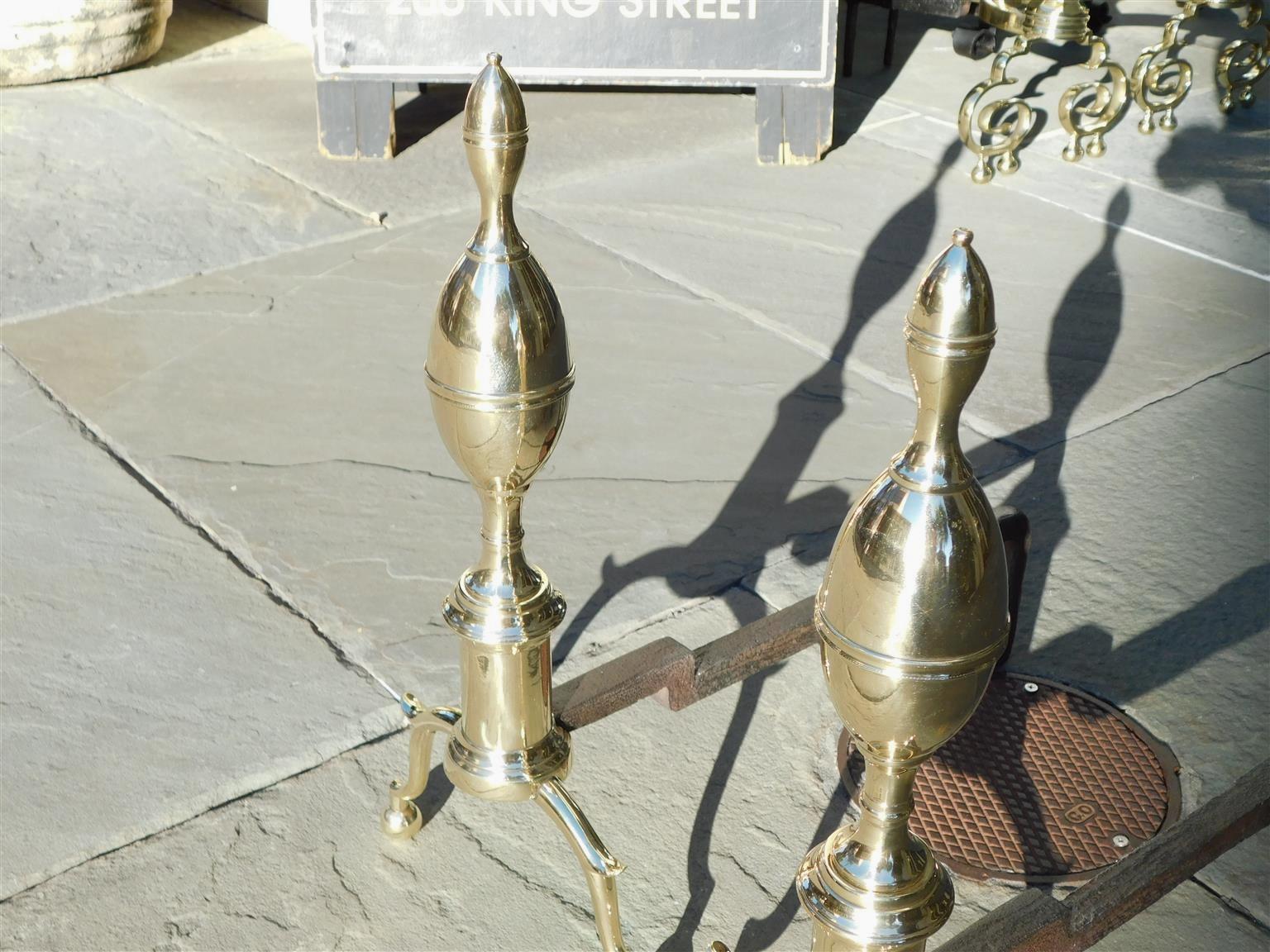 Cast Pair of American Brass Lemon on Lemon Finial Andirons with Ball Feet, NYC, 1800 For Sale