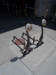 Pair of American Brass Medallion and Wrought Iron Scrolled Andirons, Circa 1840