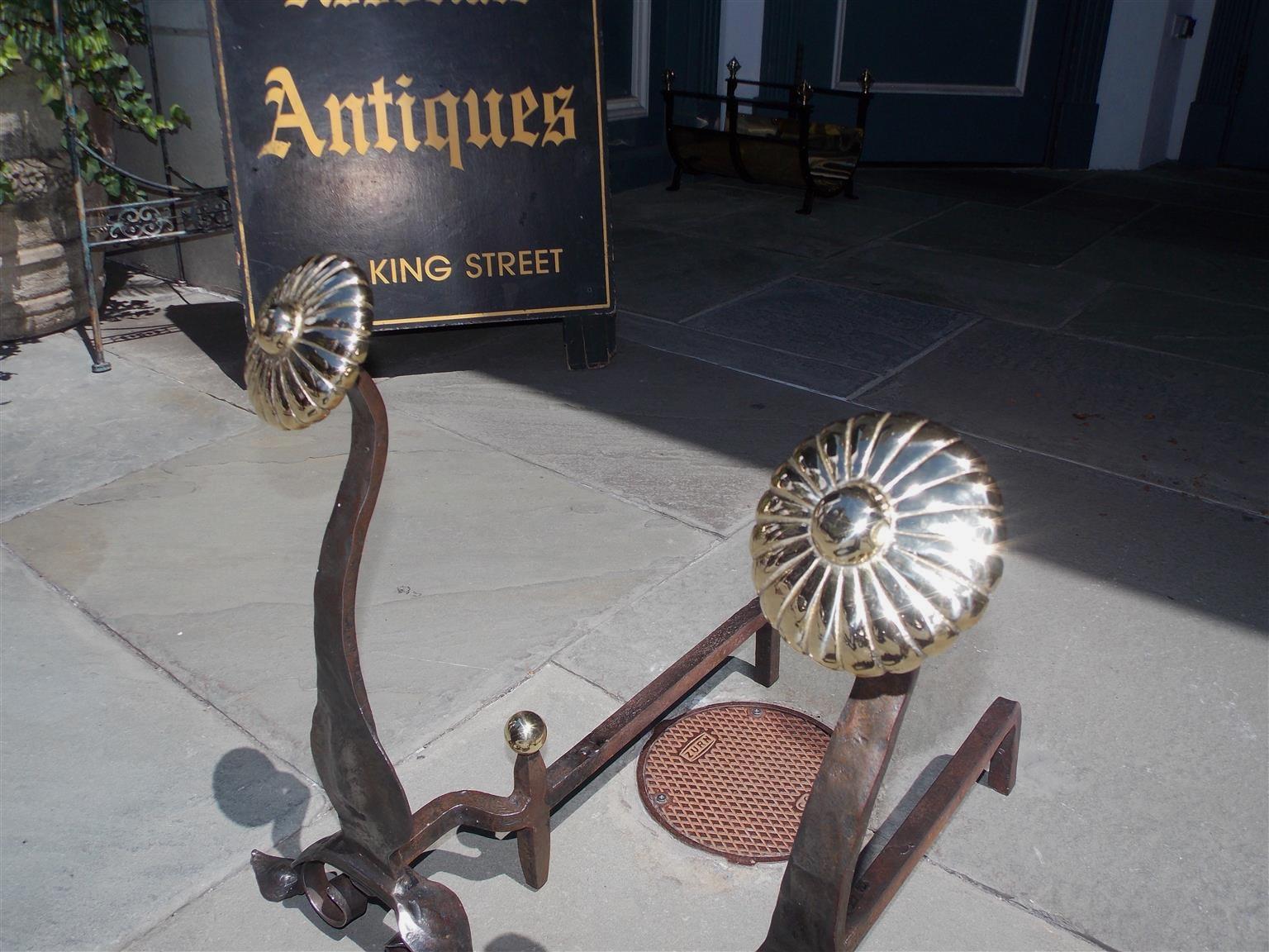 American Empire Pair of American Brass Medallion and Wrought Iron Scrolled Andirons, Circa 1840