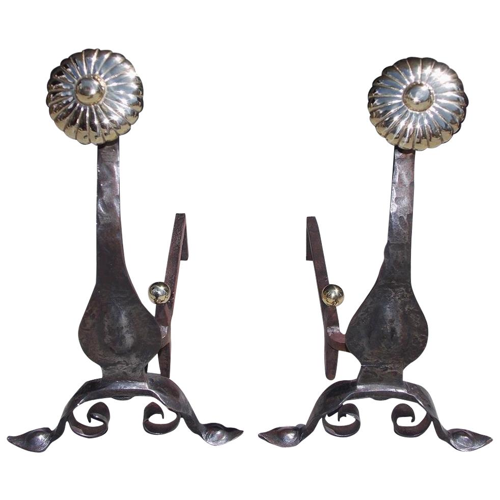 Pair of American Brass Medallion and Wrought Iron Scrolled Andirons, Circa 1840