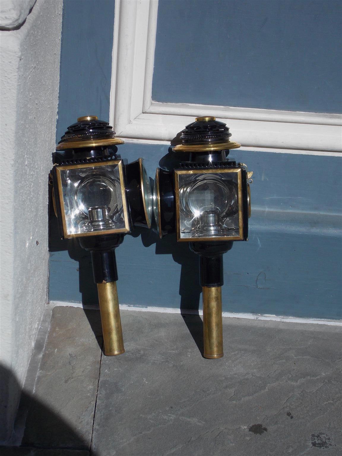 Pair of American Brass Nickel Silvered Coach Lanterns with Beveled Glass C 1840  In Excellent Condition For Sale In Hollywood, SC