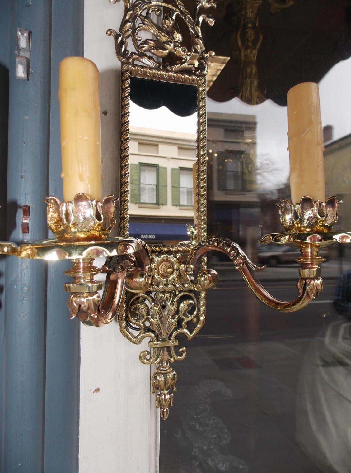 Pair of American Brass over Copper Bird and Acanthus Mirrored Sconces Circa 1870 For Sale 4