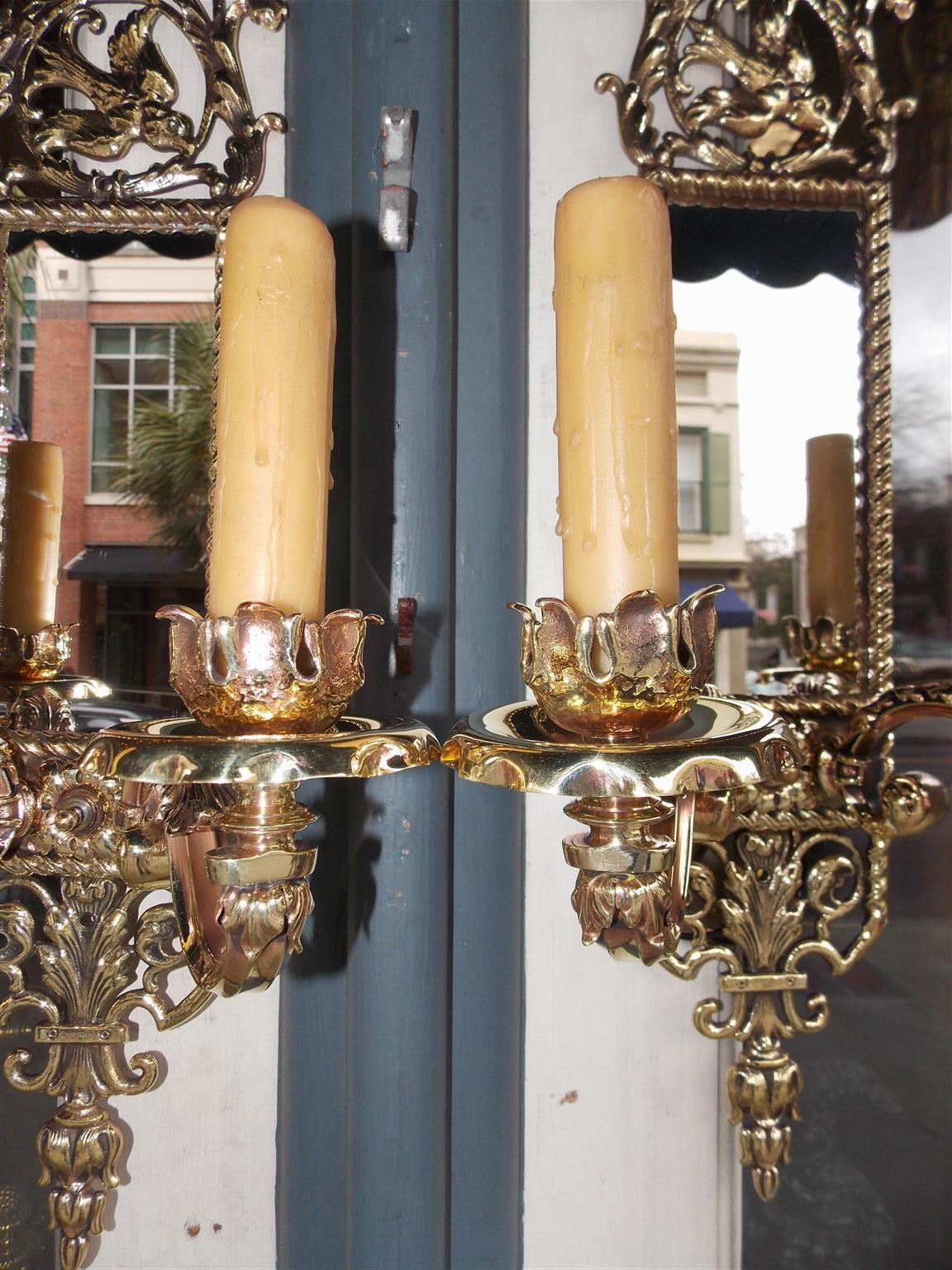 Pair of American Brass over Copper Bird and Acanthus Mirrored Sconces Circa 1870 For Sale 5