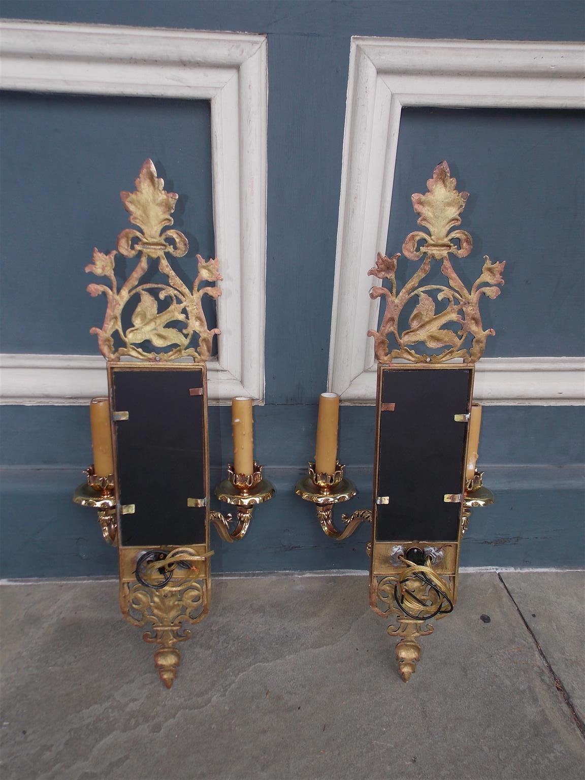 Pair of American Brass over Copper Bird and Acanthus Mirrored Sconces Circa 1870 For Sale 6