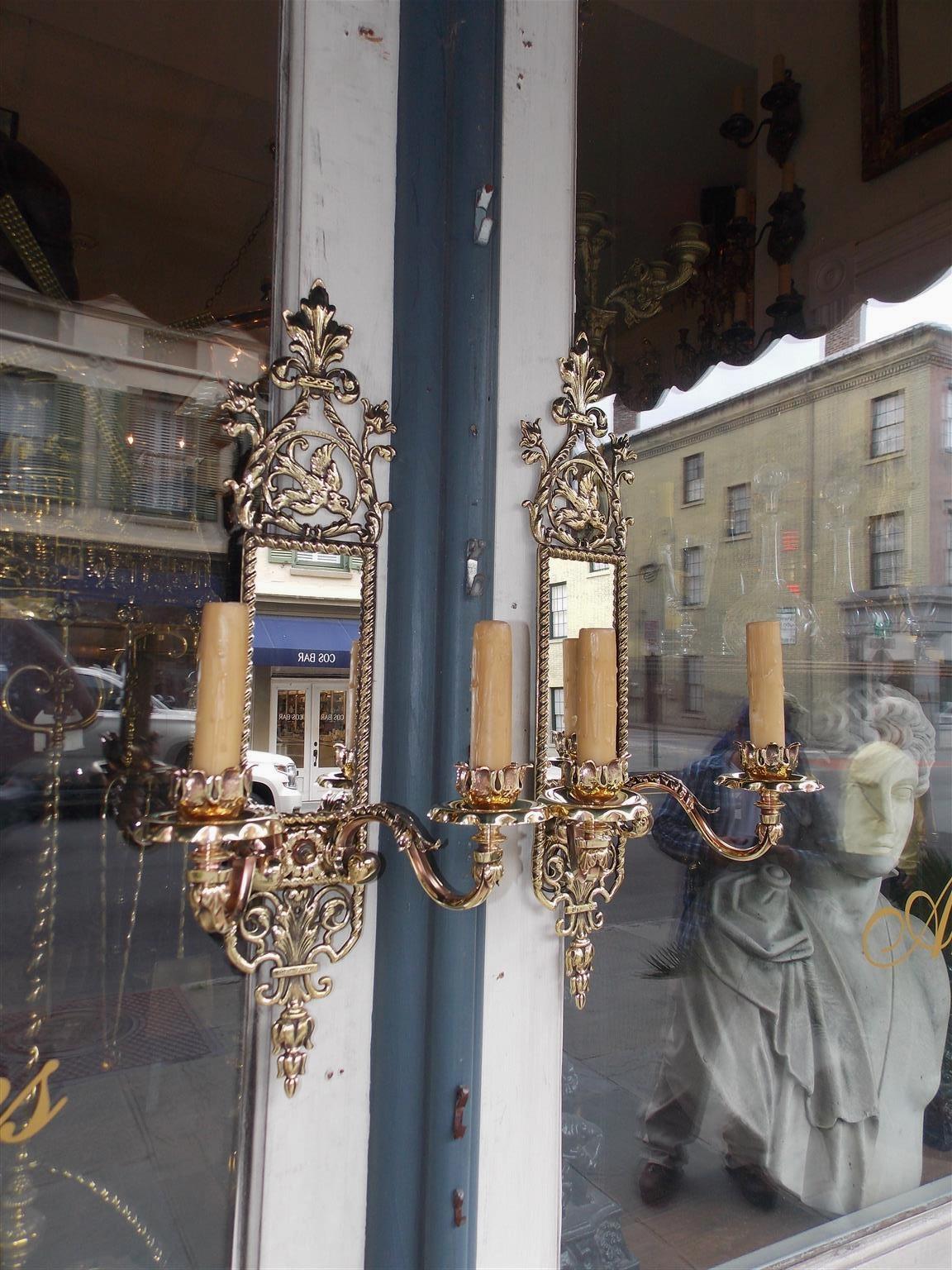 American Empire Pair of American Brass over Copper Bird and Acanthus Mirrored Sconces Circa 1870 For Sale