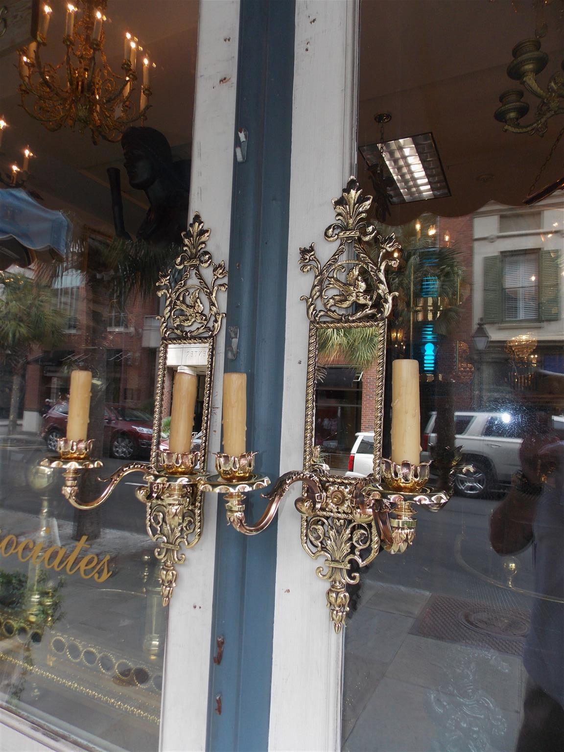 Silvered Pair of American Brass over Copper Bird and Acanthus Mirrored Sconces Circa 1870 For Sale
