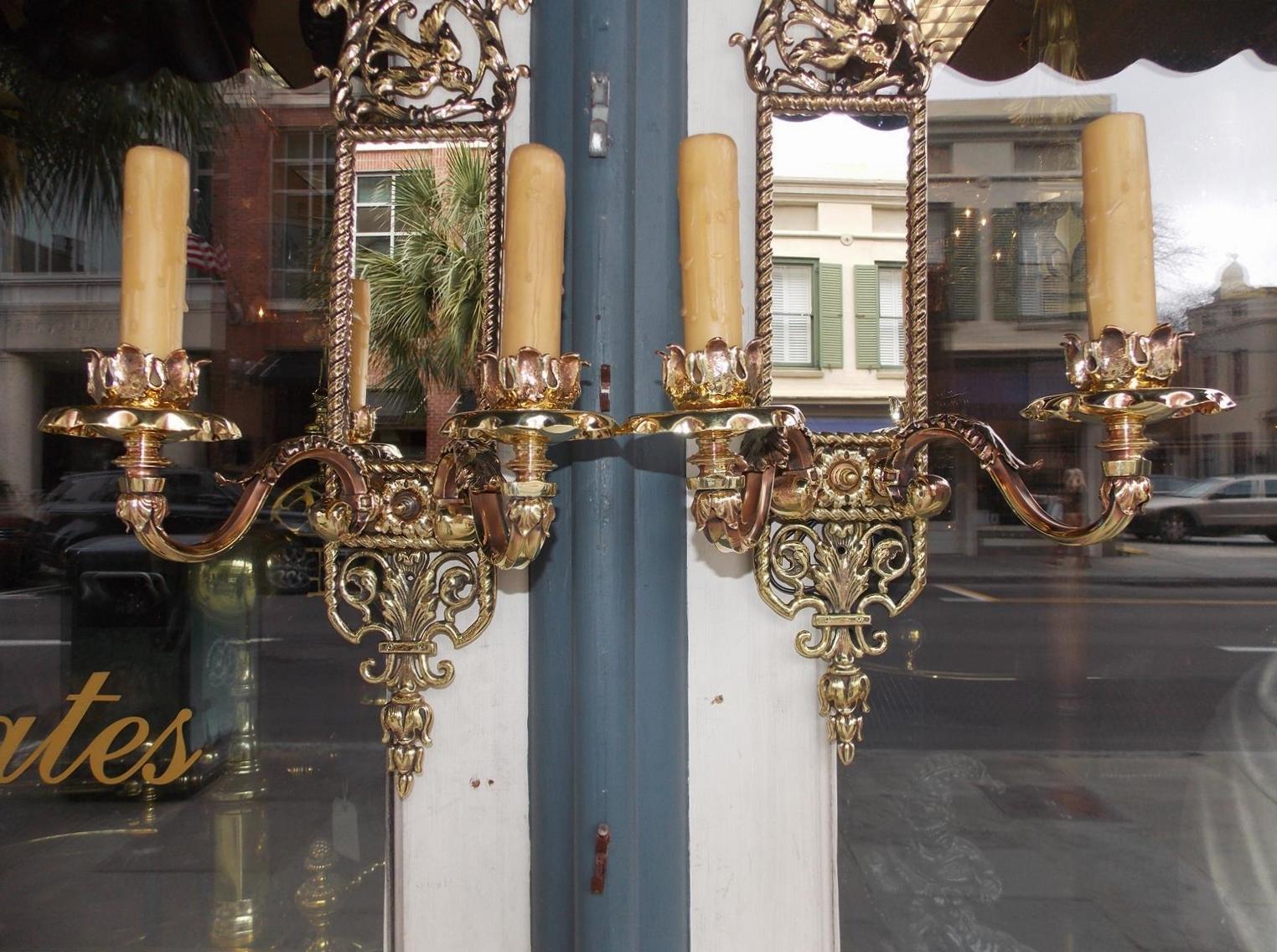 Pair of American Brass over Copper Bird and Acanthus Mirrored Sconces Circa 1870 For Sale 2