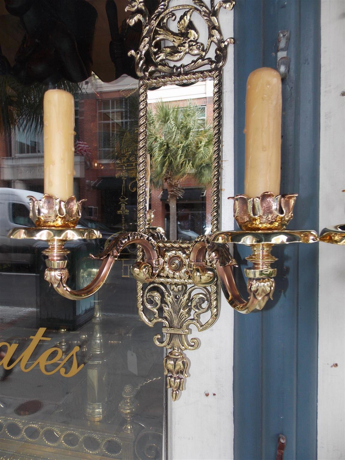 Pair of American Brass over Copper Bird and Acanthus Mirrored Sconces Circa 1870 For Sale 3