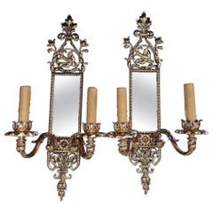 Antique Pair of American Brass over Copper Bird and Acanthus Mirrored Sconces Circa 1870