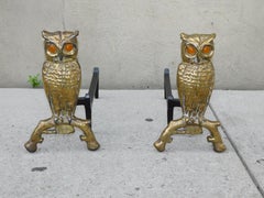Pair of American Brass Owl Andirons with Orig. Amber Glass Eyes, Boston, C. 1880
