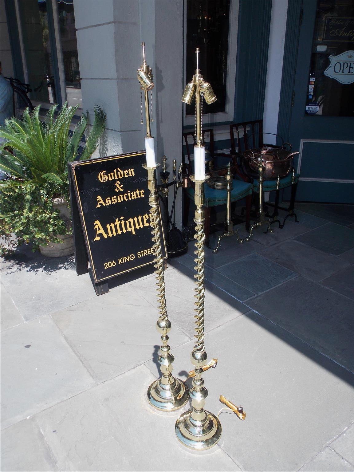 American Empire Pair of American Brass Spiral and Bulbous Form Floor Lamps. Orig Candle. C. 1880 For Sale