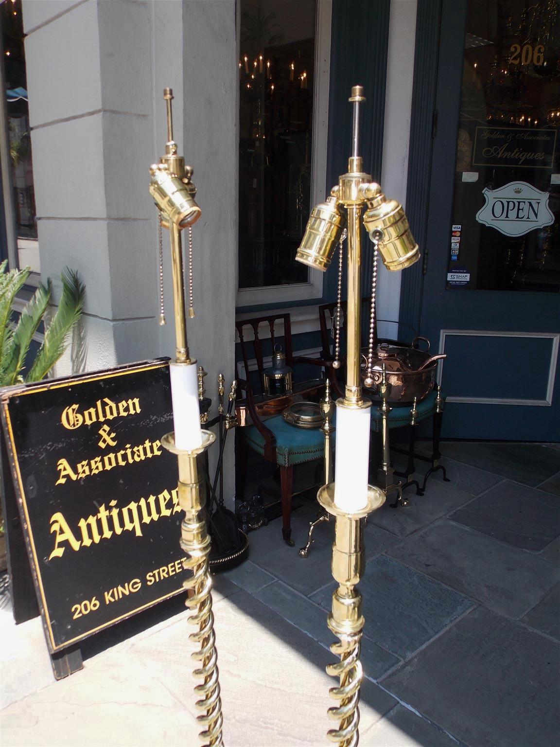 Cast Pair of American Brass Spiral and Bulbous Form Floor Lamps. Orig Candle. C. 1880 For Sale