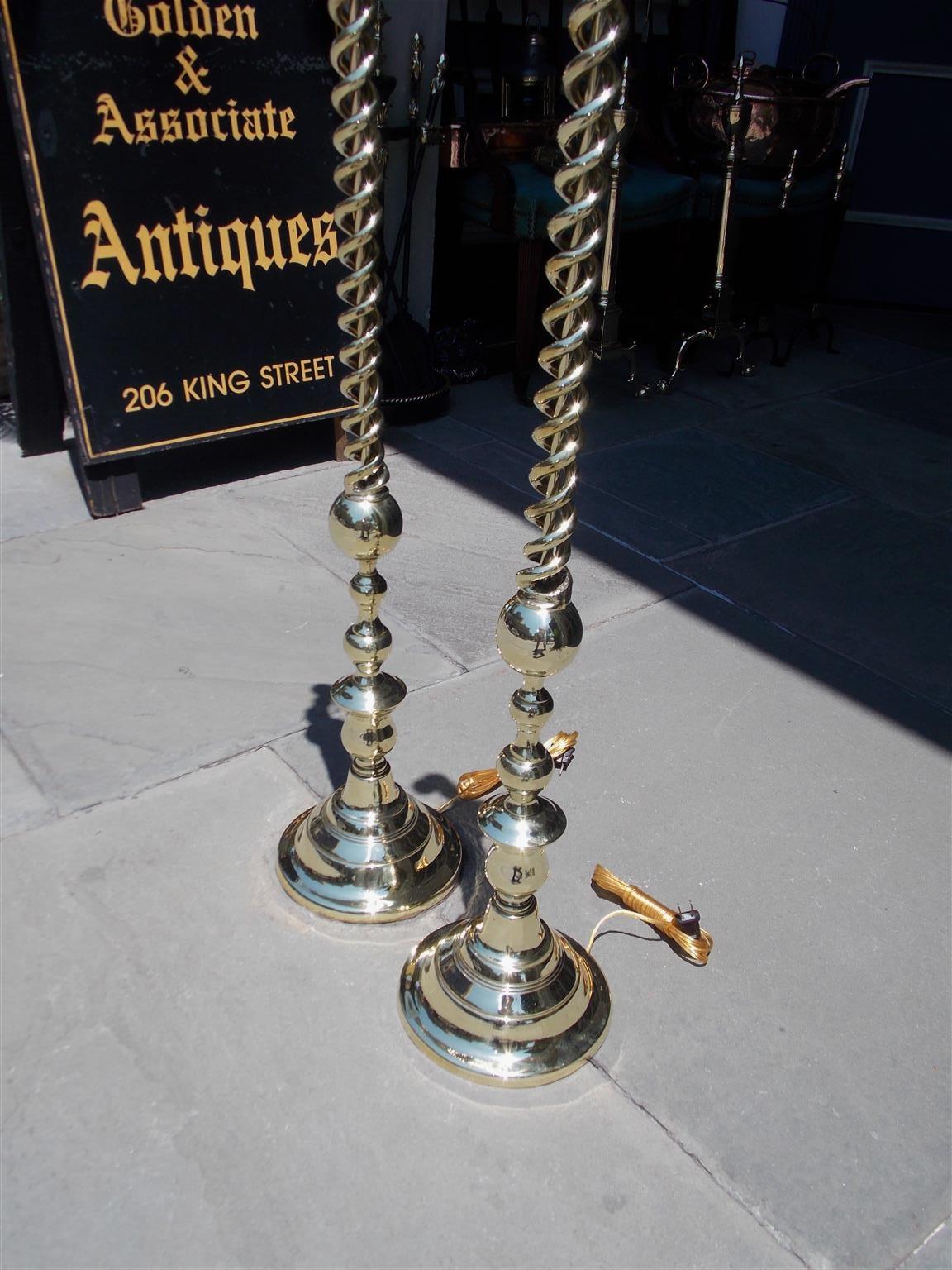 Pair of American Brass Spiral and Bulbous Form Floor Lamps. Orig Candle. C. 1880 In Excellent Condition For Sale In Hollywood, SC