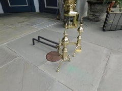 Pair of American Brass Steeple Finial Andirons with Spur Legs & Ball Feet C 1800