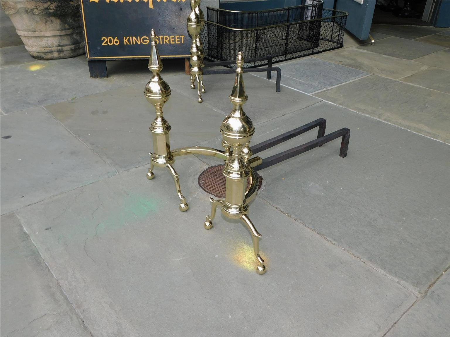 American Colonial Pair of American Brass Steeple Finial Andirons with Spur Legs & Ball Feet C 1800 For Sale