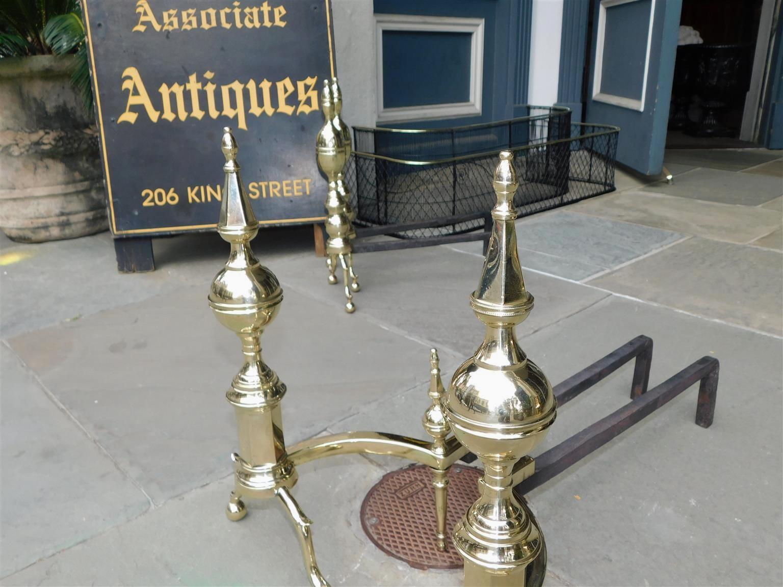 Cast Pair of American Brass Steeple Finial Andirons with Spur Legs & Ball Feet C 1800 For Sale