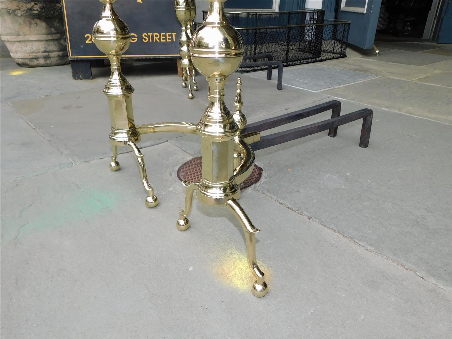 Pair of American Brass Steeple Finial Andirons with Spur Legs & Ball Feet C 1800 In Excellent Condition For Sale In Hollywood, SC
