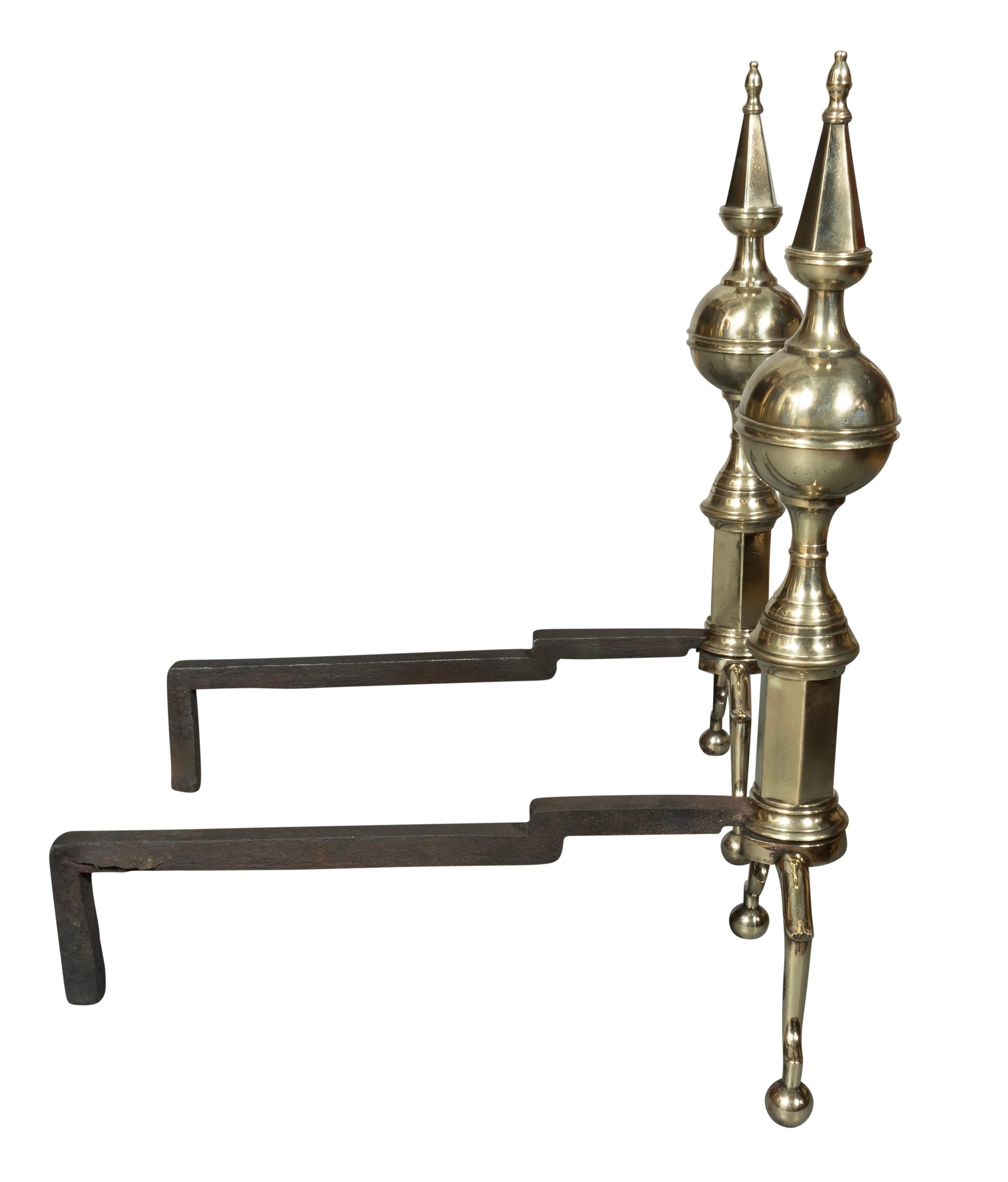 Federal Pair Of American Brass Steeple Top Andirons For Sale