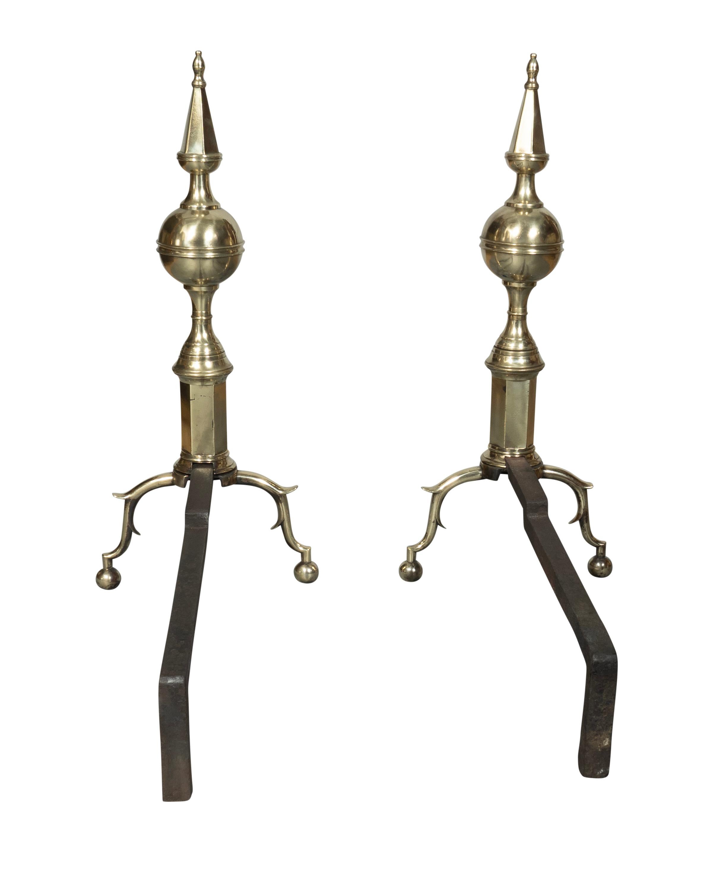Pair Of American Brass Steeple Top Andirons In Good Condition For Sale In Essex, MA