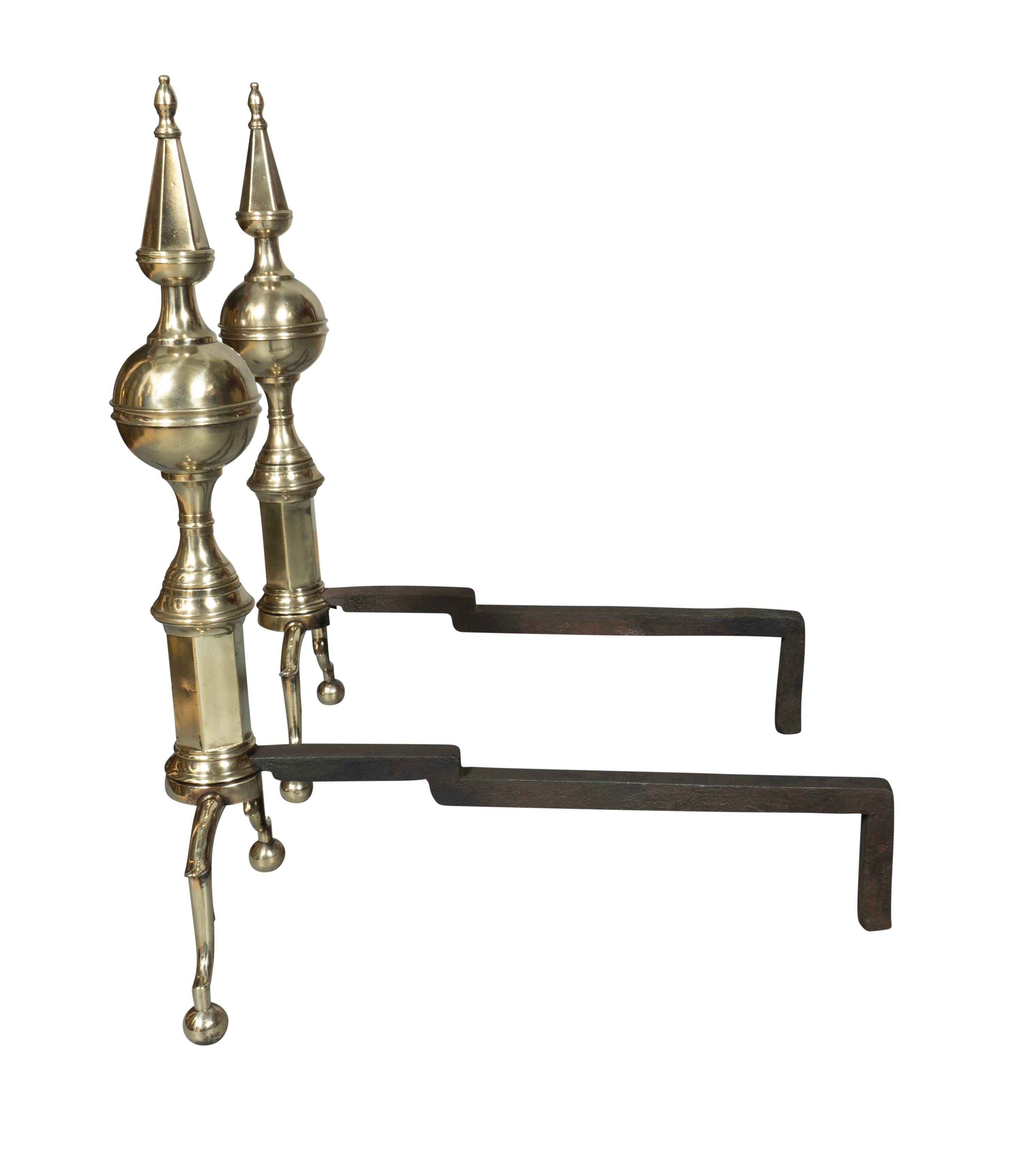 Early 19th Century Pair Of American Brass Steeple Top Andirons For Sale