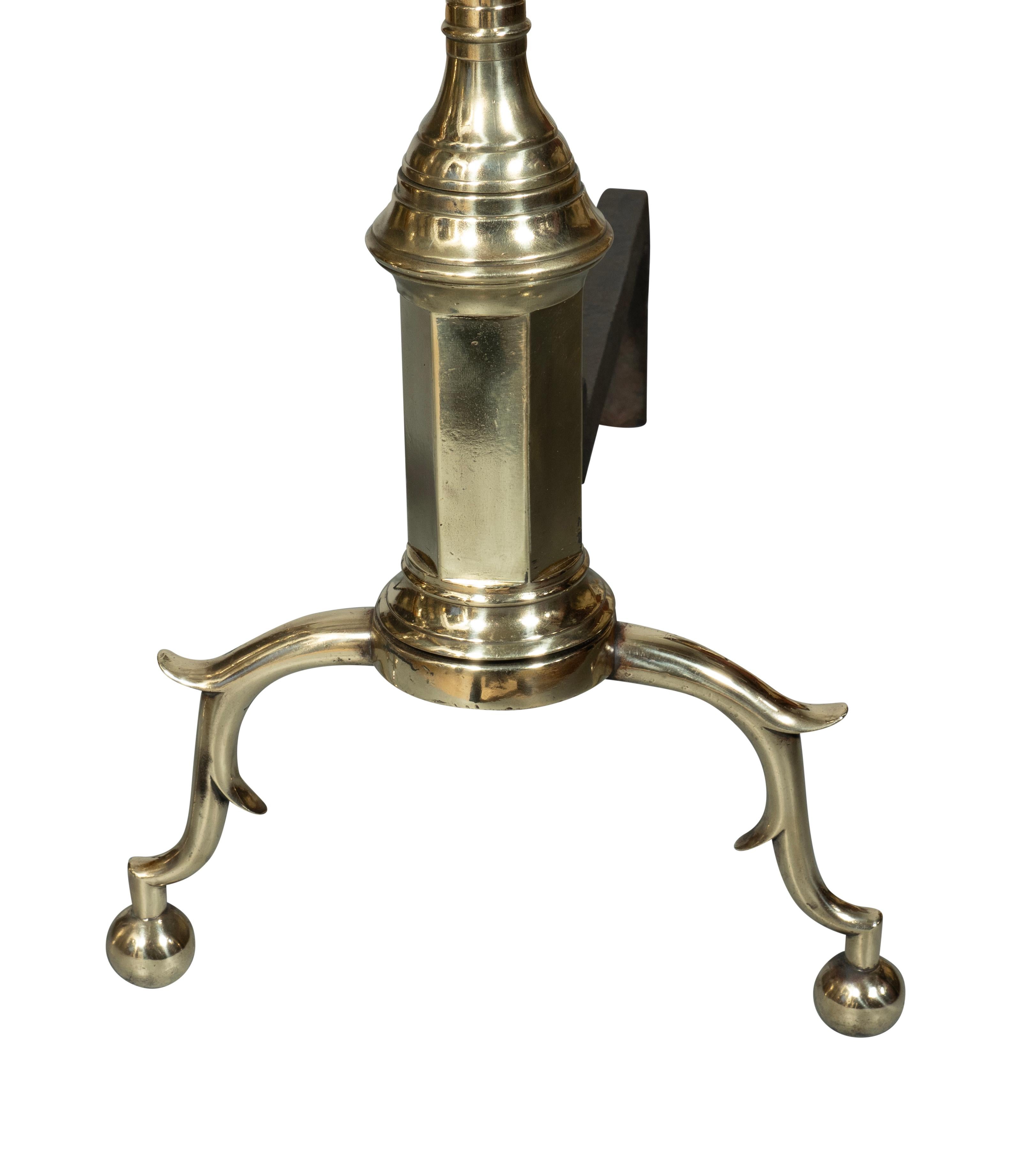 Pair Of American Brass Steeple Top Andirons For Sale 2