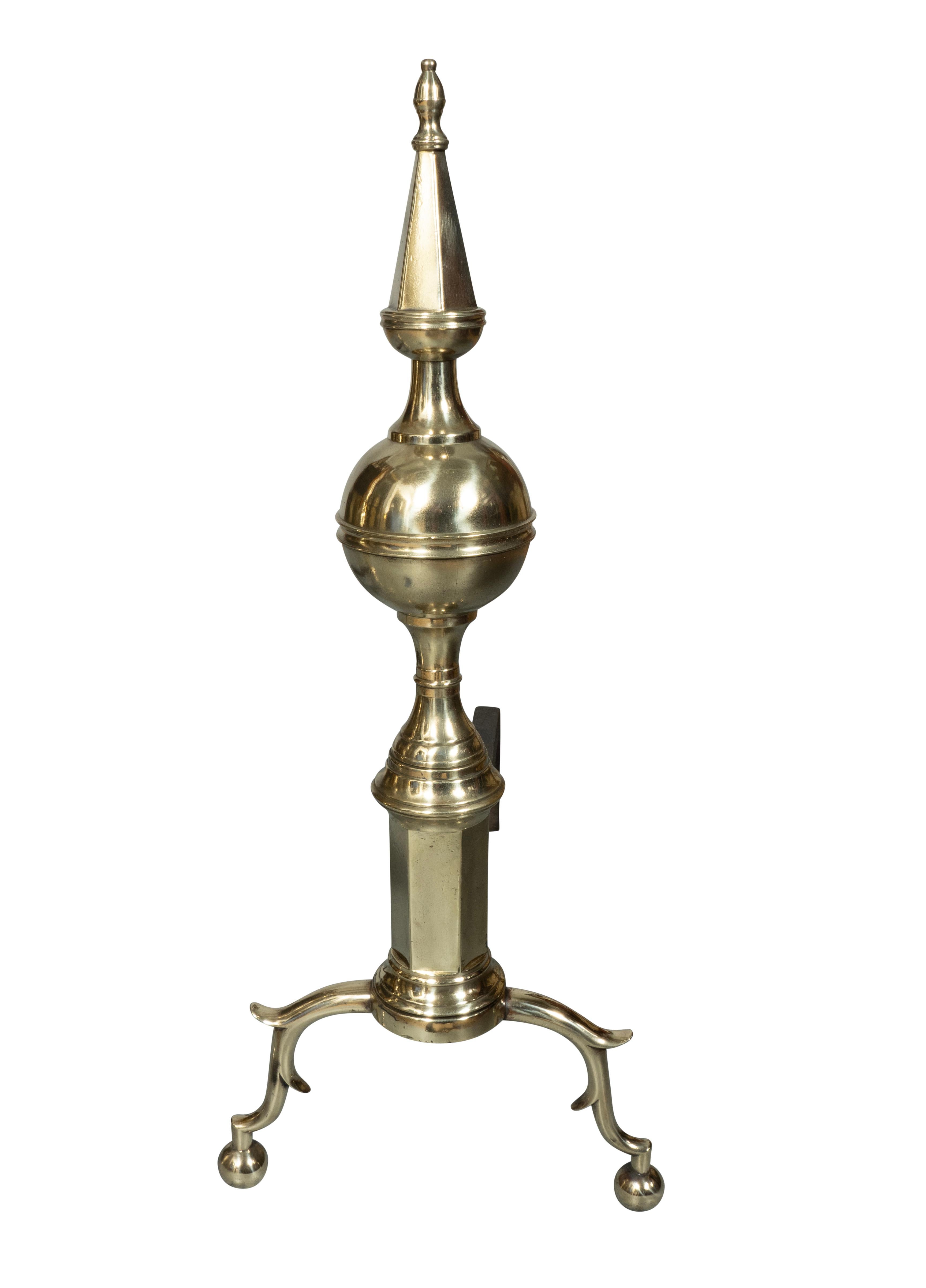 Pair Of American Brass Steeple Top Andirons For Sale 3