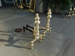 Pair of American Brass Urn Faceted Finial Andirons with Log Stops, NY C. 1820