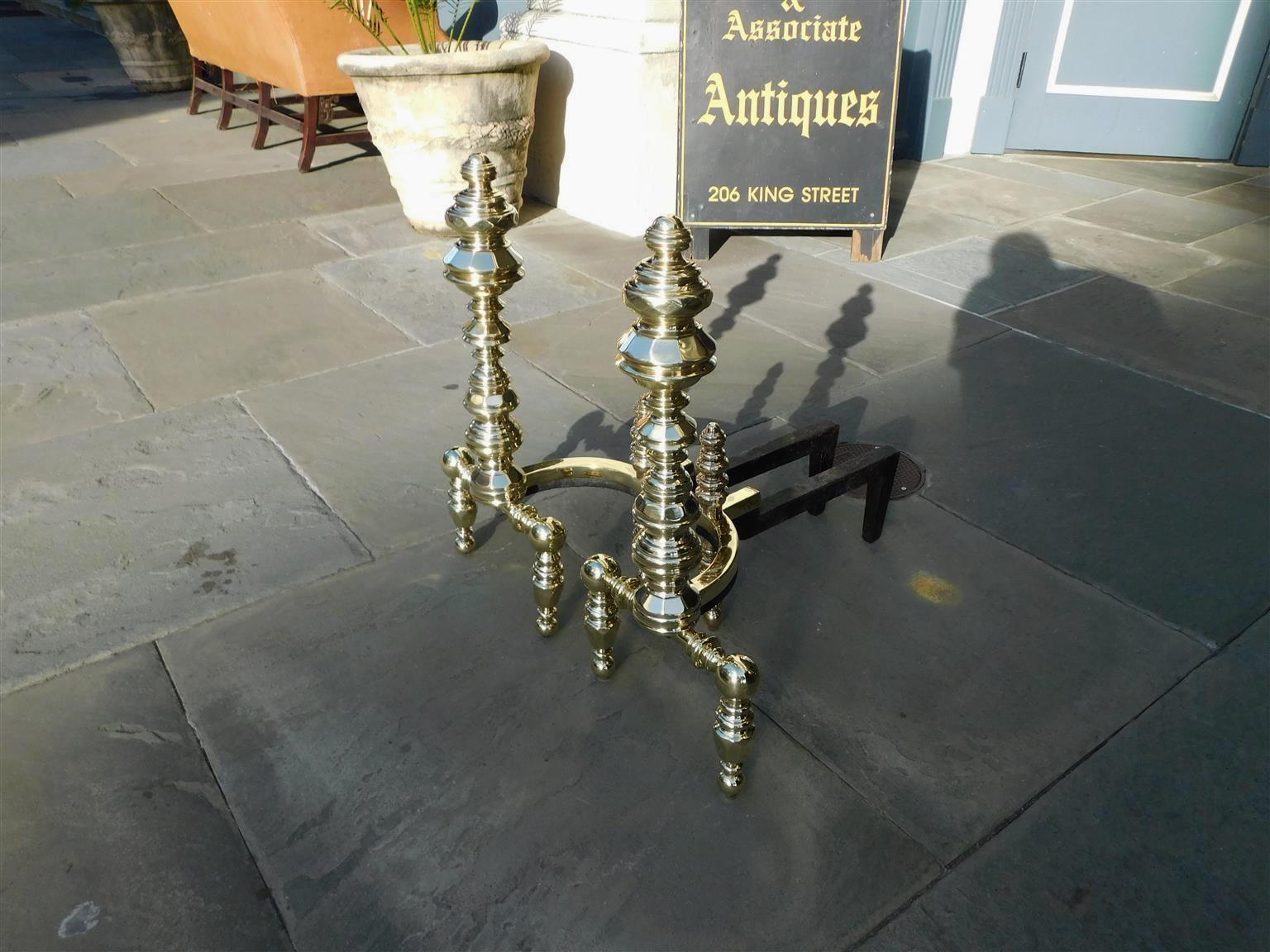 American Empire Pair of American Brass Urn Faceted Finial Andirons with Log Stops, NY C. 1820 For Sale