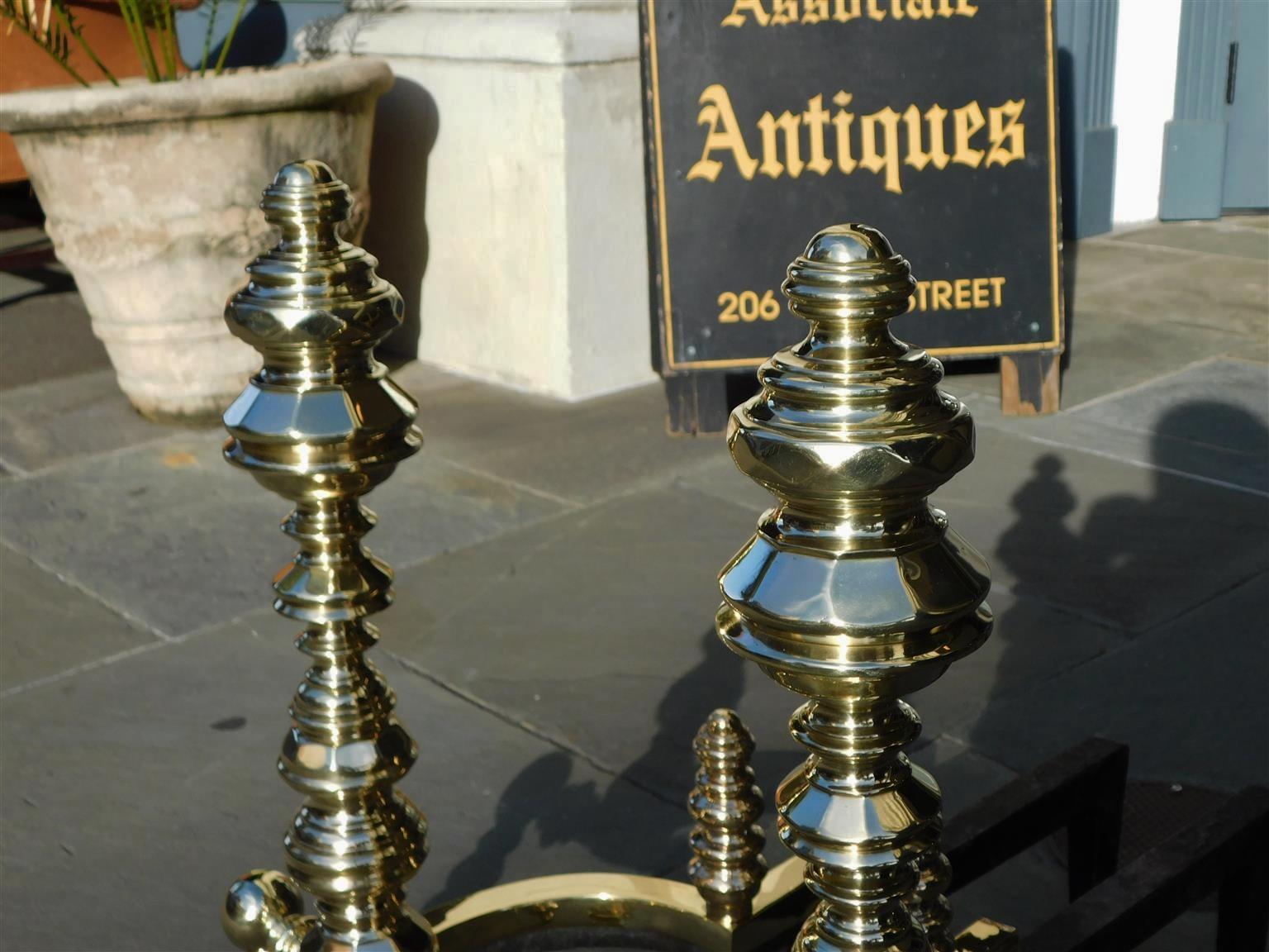 Cast Pair of American Brass Urn Faceted Finial Andirons with Log Stops, NY C. 1820 For Sale