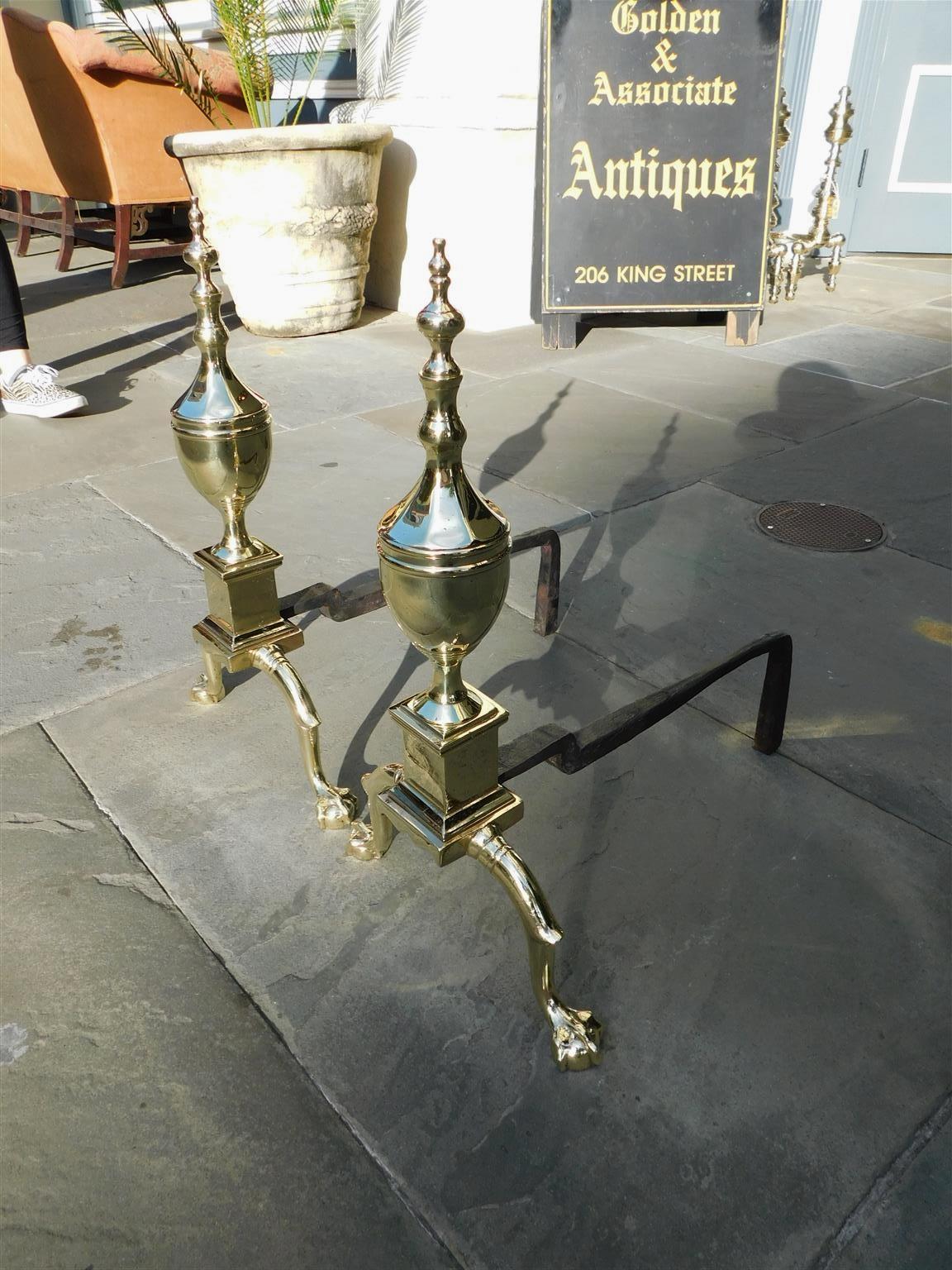 American Colonial Pair of American Brass Urn Finial Andirons with Ball and Claw Feet, Phil, C 1790 For Sale