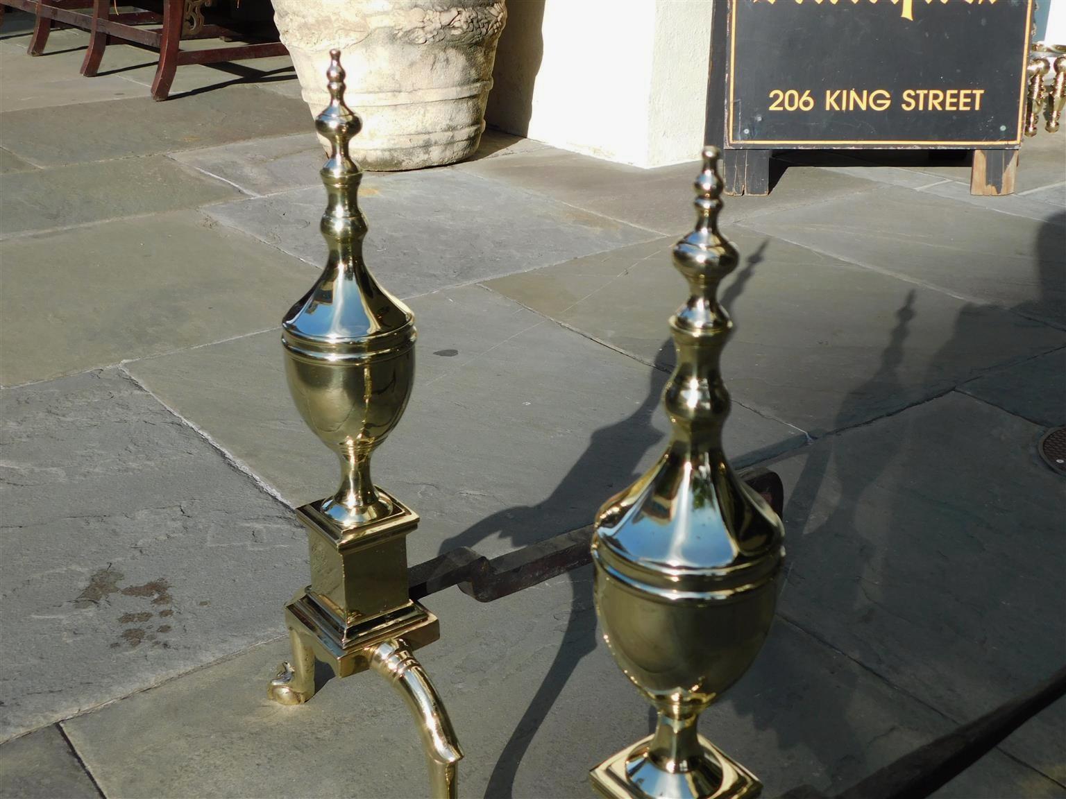 Cast Pair of American Brass Urn Finial Andirons with Ball and Claw Feet, Phil, C 1790 For Sale