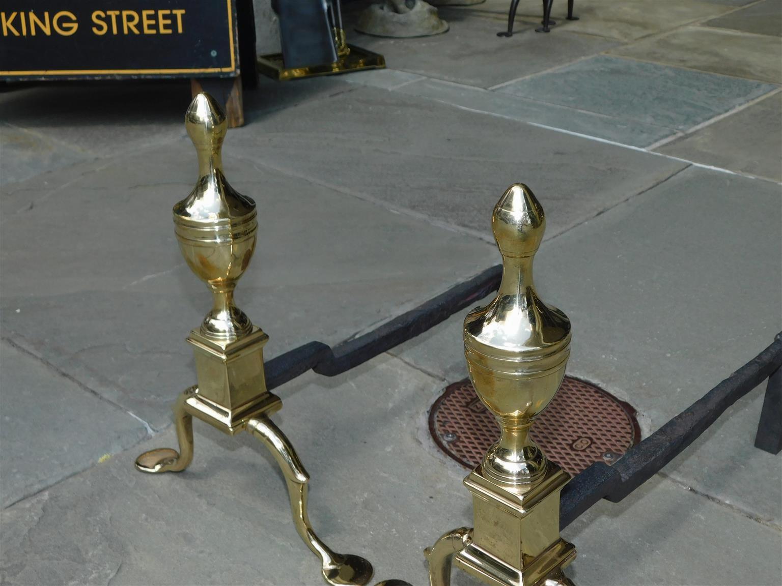 Late 18th Century Pair of American Brass Urn Finial Andirons with Penny Feet, Philadelphia C. 1780 For Sale