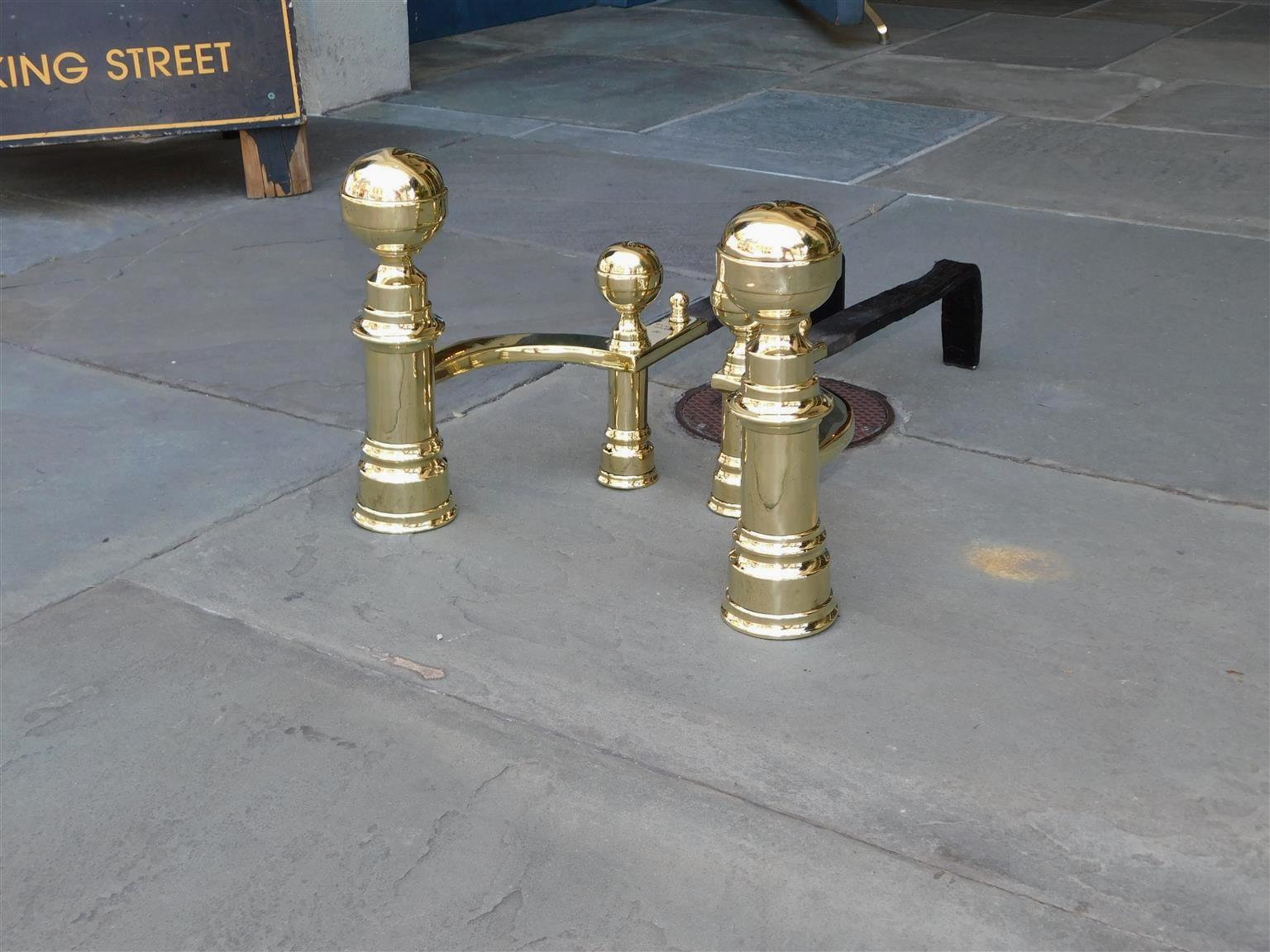 American Colonial Pair of American Brass & Wrought Iron Ball Finial Andirons, J. Hunneman C. 1820 For Sale