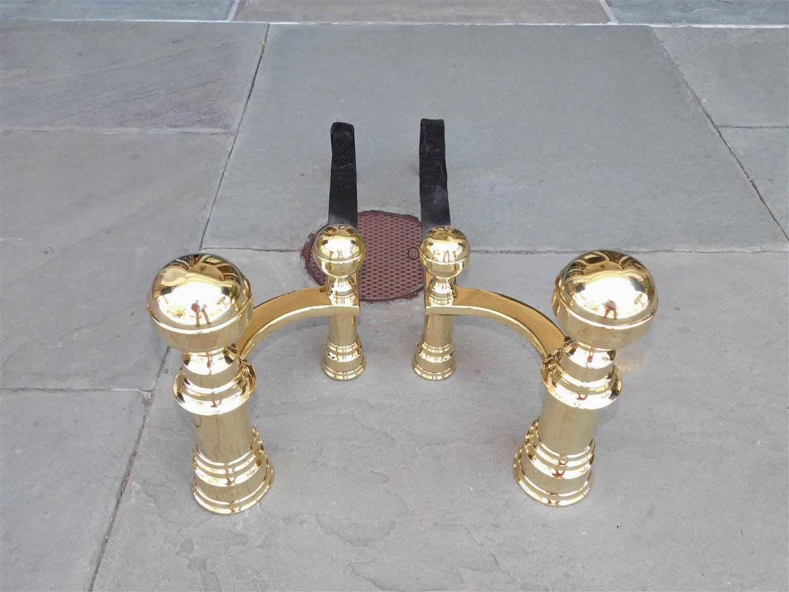 Cast Pair of American Brass & Wrought Iron Ball Finial Andirons, J. Hunneman C. 1820 For Sale