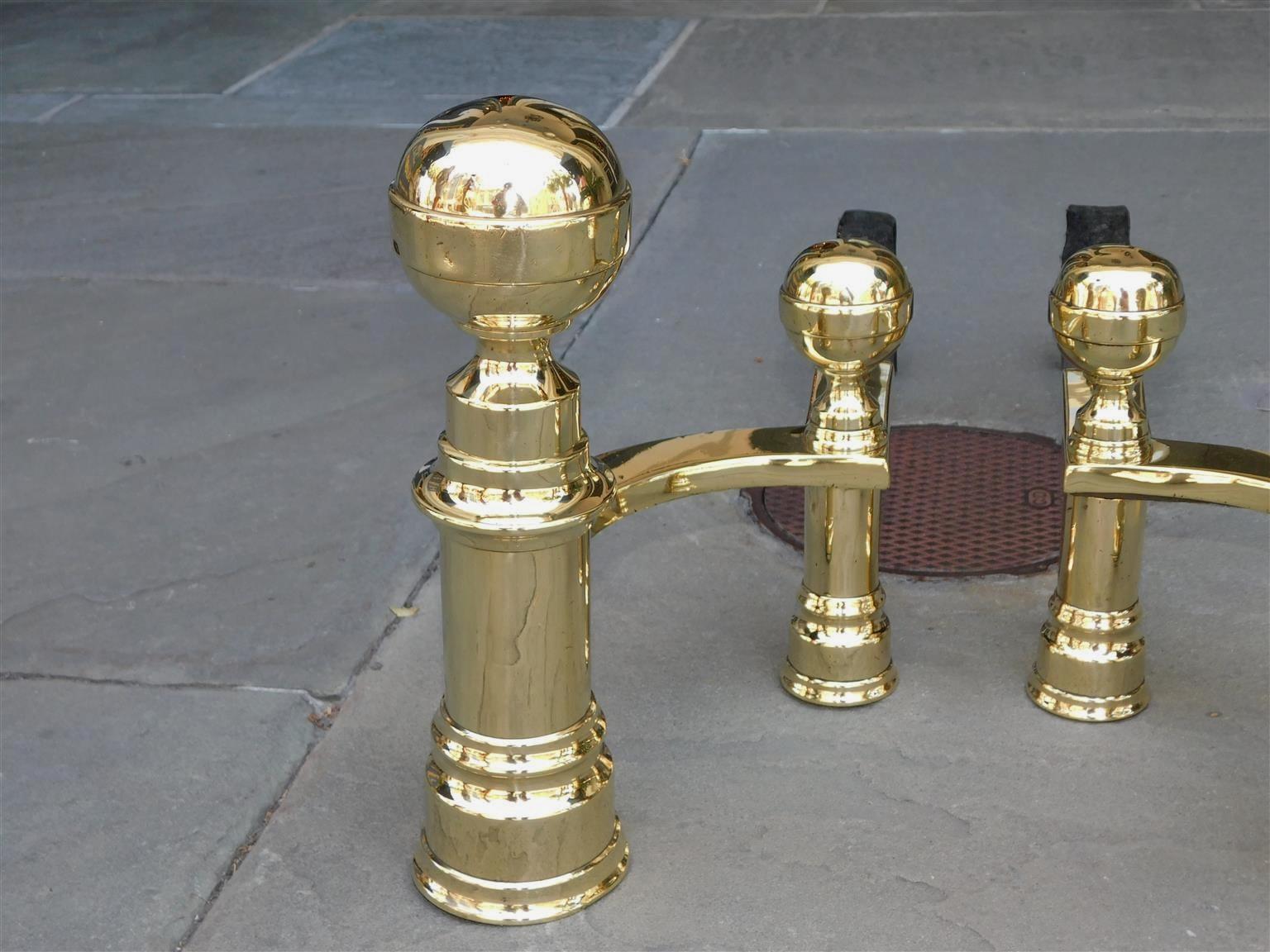 Pair of American Brass & Wrought Iron Ball Finial Andirons, J. Hunneman C. 1820 In Excellent Condition For Sale In Hollywood, SC