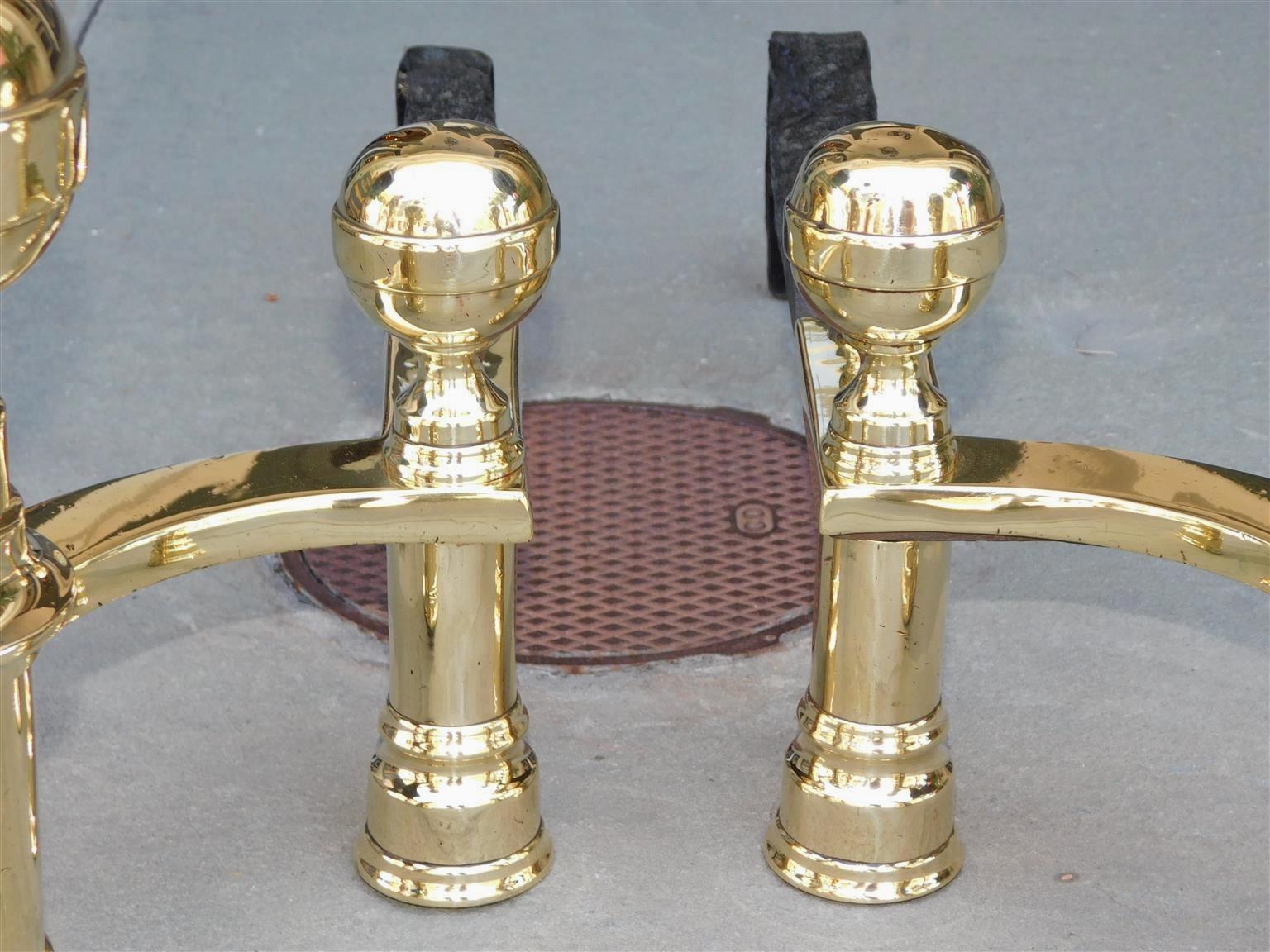 Early 19th Century Pair of American Brass & Wrought Iron Ball Finial Andirons, J. Hunneman C. 1820 For Sale