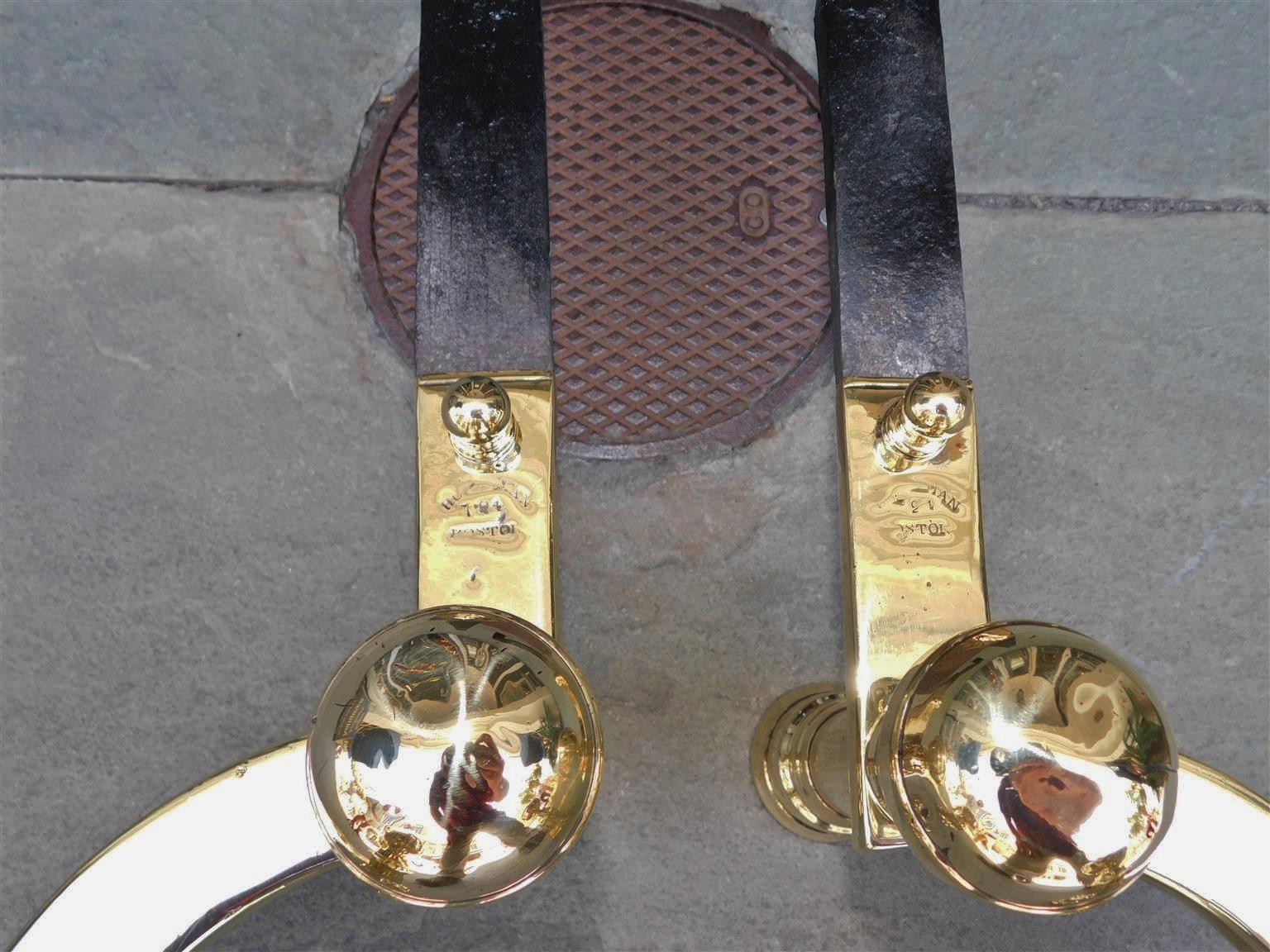 Pair of American Brass & Wrought Iron Ball Finial Andirons, J. Hunneman C. 1820 For Sale 1