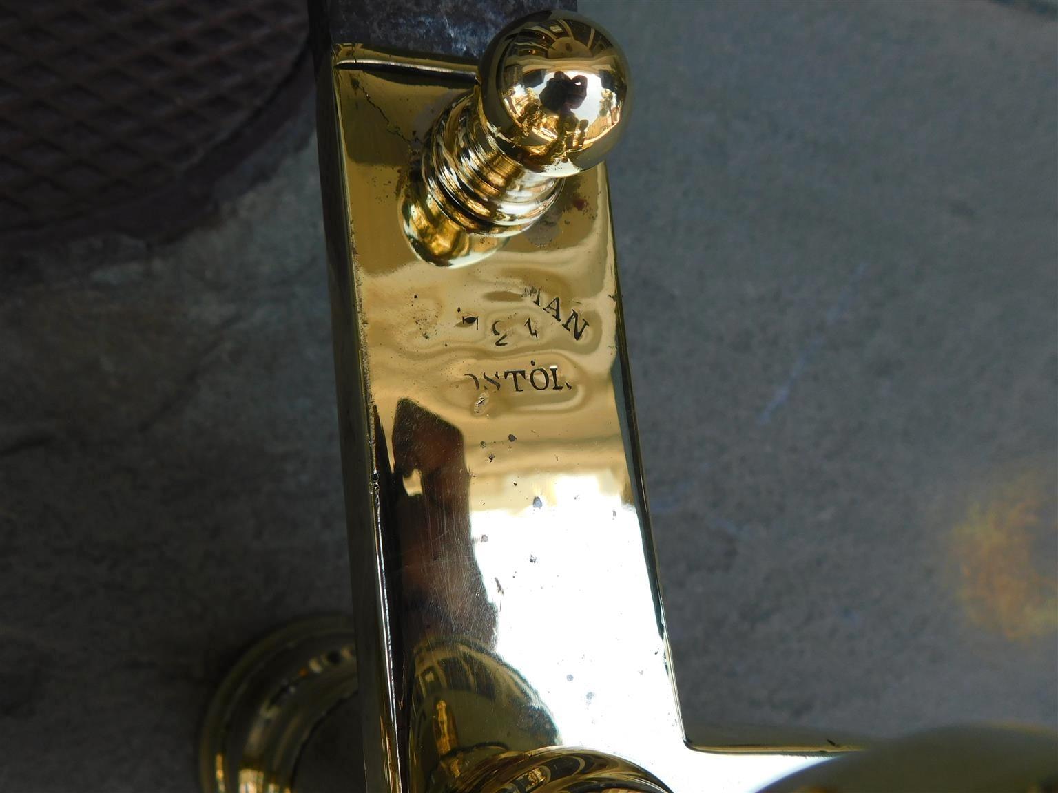 Pair of American Brass & Wrought Iron Ball Finial Andirons, J. Hunneman C. 1820 For Sale 3