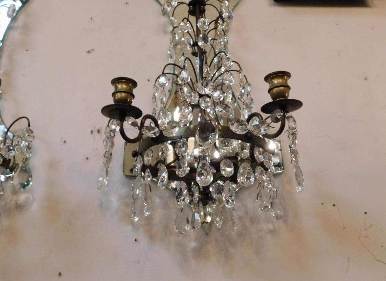 Pair of American Bronze and Crystal Two Arm Mirrored Wall Sconces, Circa 1870 For Sale 4