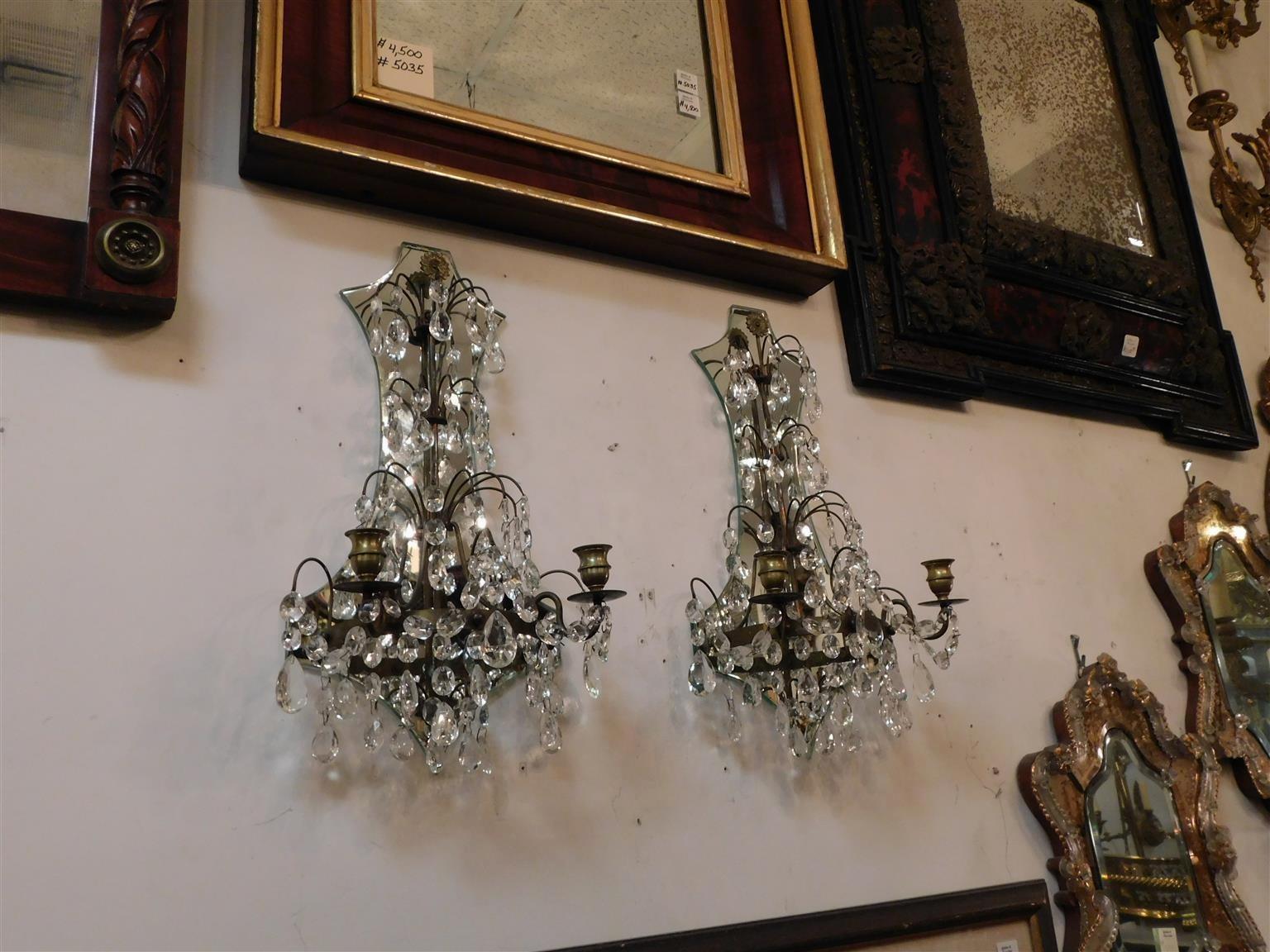 American Empire Pair of American Bronze and Crystal Two Arm Mirrored Wall Sconces, Circa 1870 For Sale