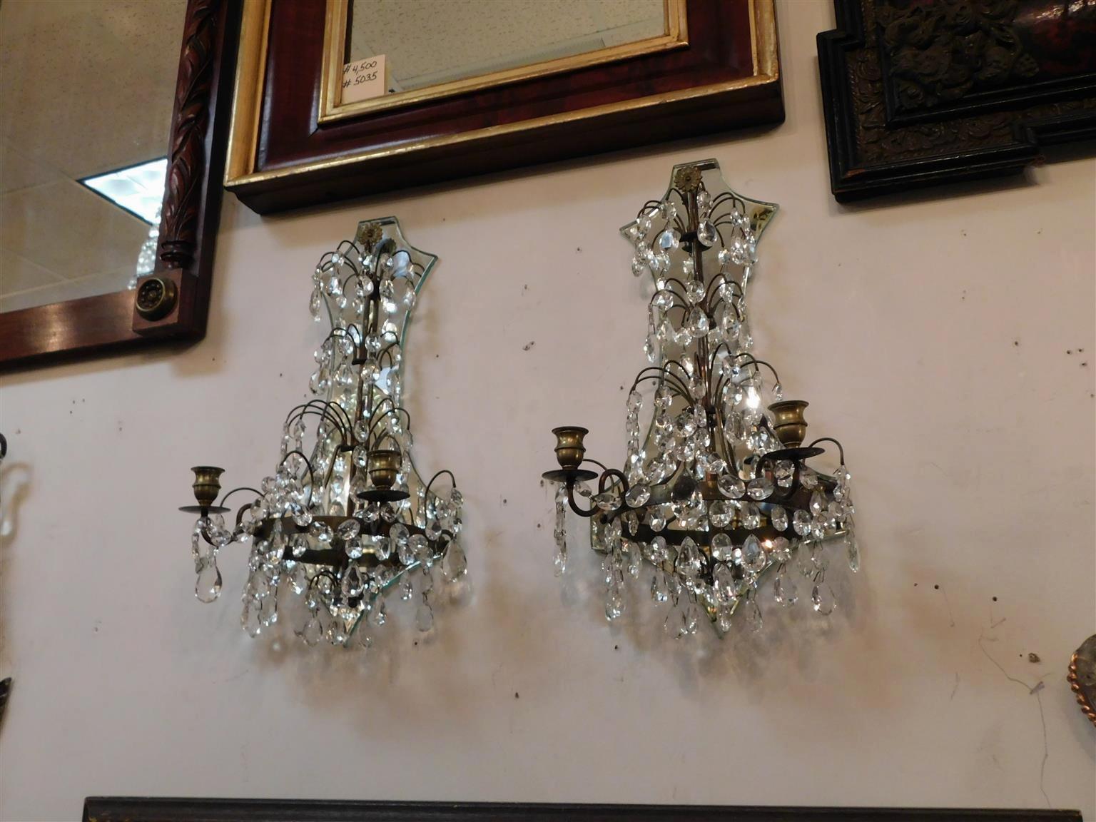 Cast Pair of American Bronze and Crystal Two Arm Mirrored Wall Sconces, Circa 1870 For Sale