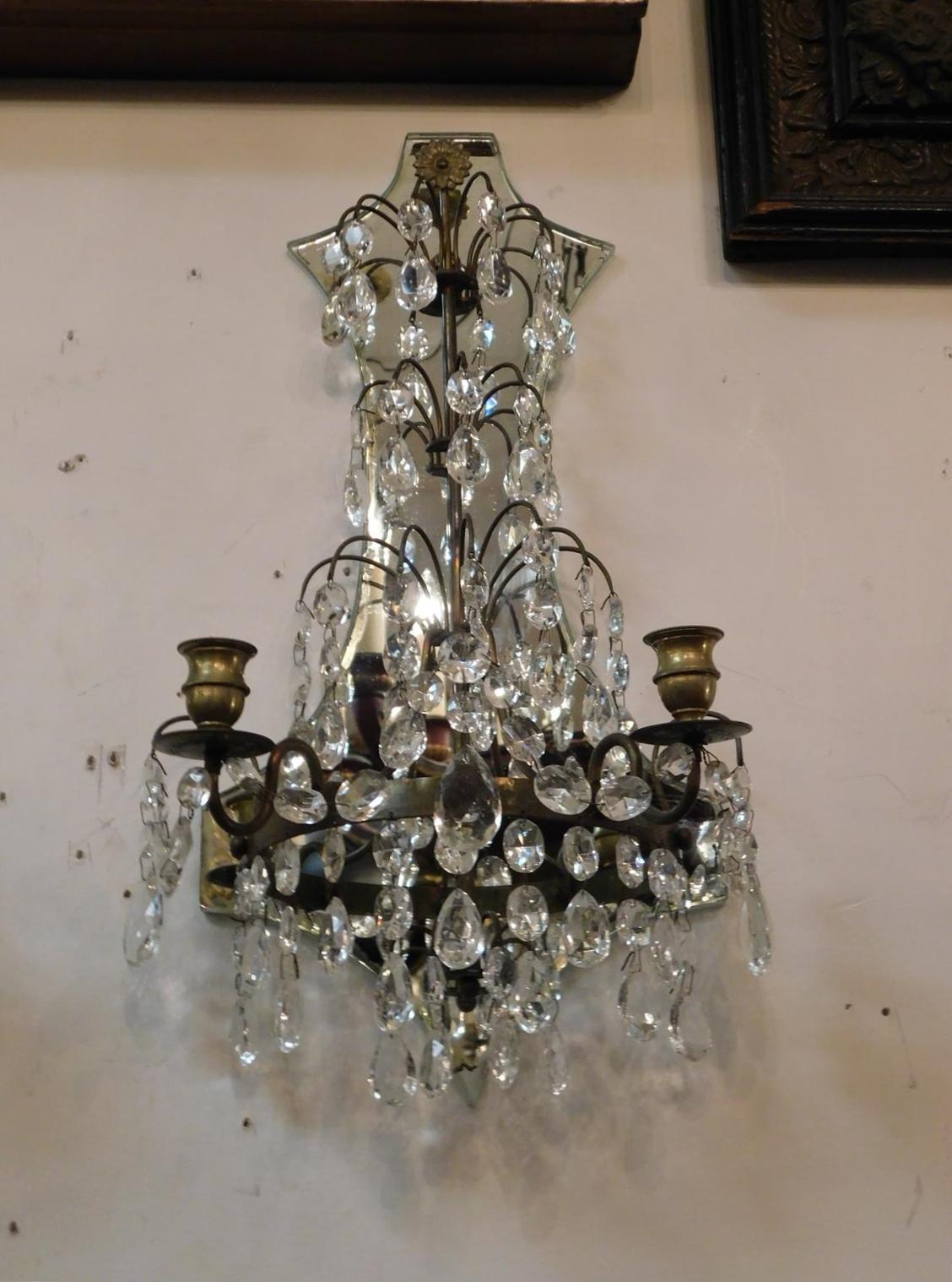 Pair of American Bronze and Crystal Two Arm Mirrored Wall Sconces, Circa 1870 In Excellent Condition For Sale In Hollywood, SC