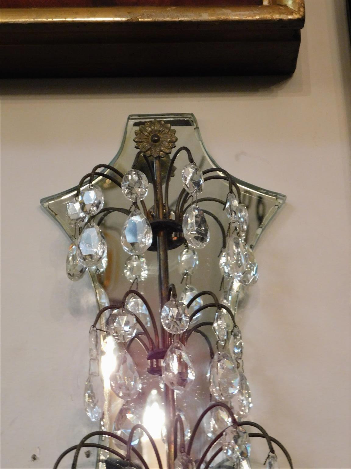 Late 19th Century Pair of American Bronze and Crystal Two Arm Mirrored Wall Sconces, Circa 1870 For Sale