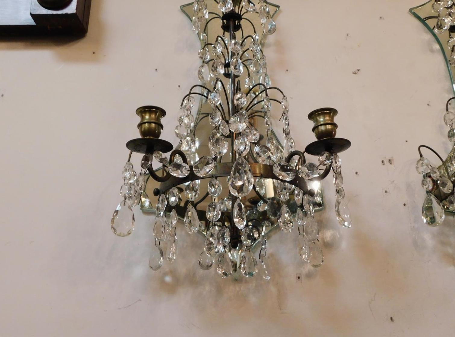 Gold Leaf Pair of American Bronze and Crystal Two Arm Mirrored Wall Sconces, Circa 1870 For Sale