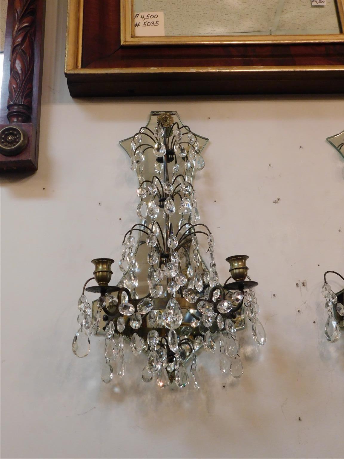 Pair of American Bronze and Crystal Two Arm Mirrored Wall Sconces, Circa 1870 For Sale 1