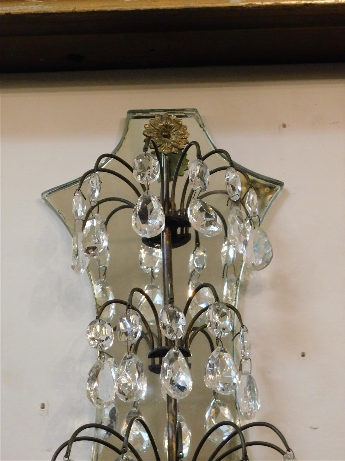 Pair of American Bronze and Crystal Two Arm Mirrored Wall Sconces, Circa 1870 For Sale 2