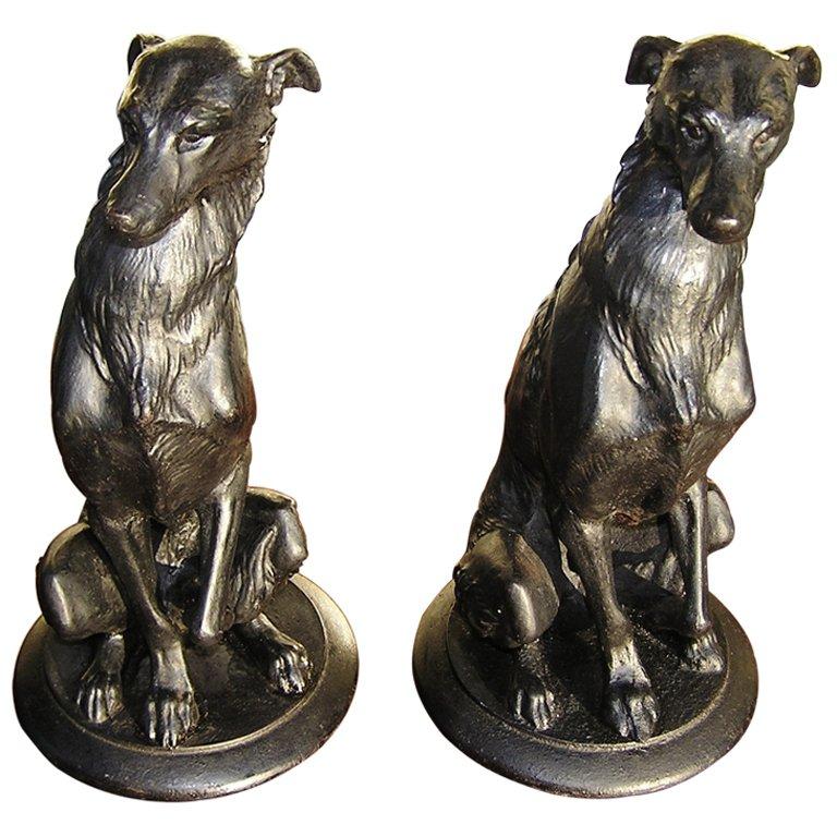 Pair of American Bronze Dog Sculpures For Sale