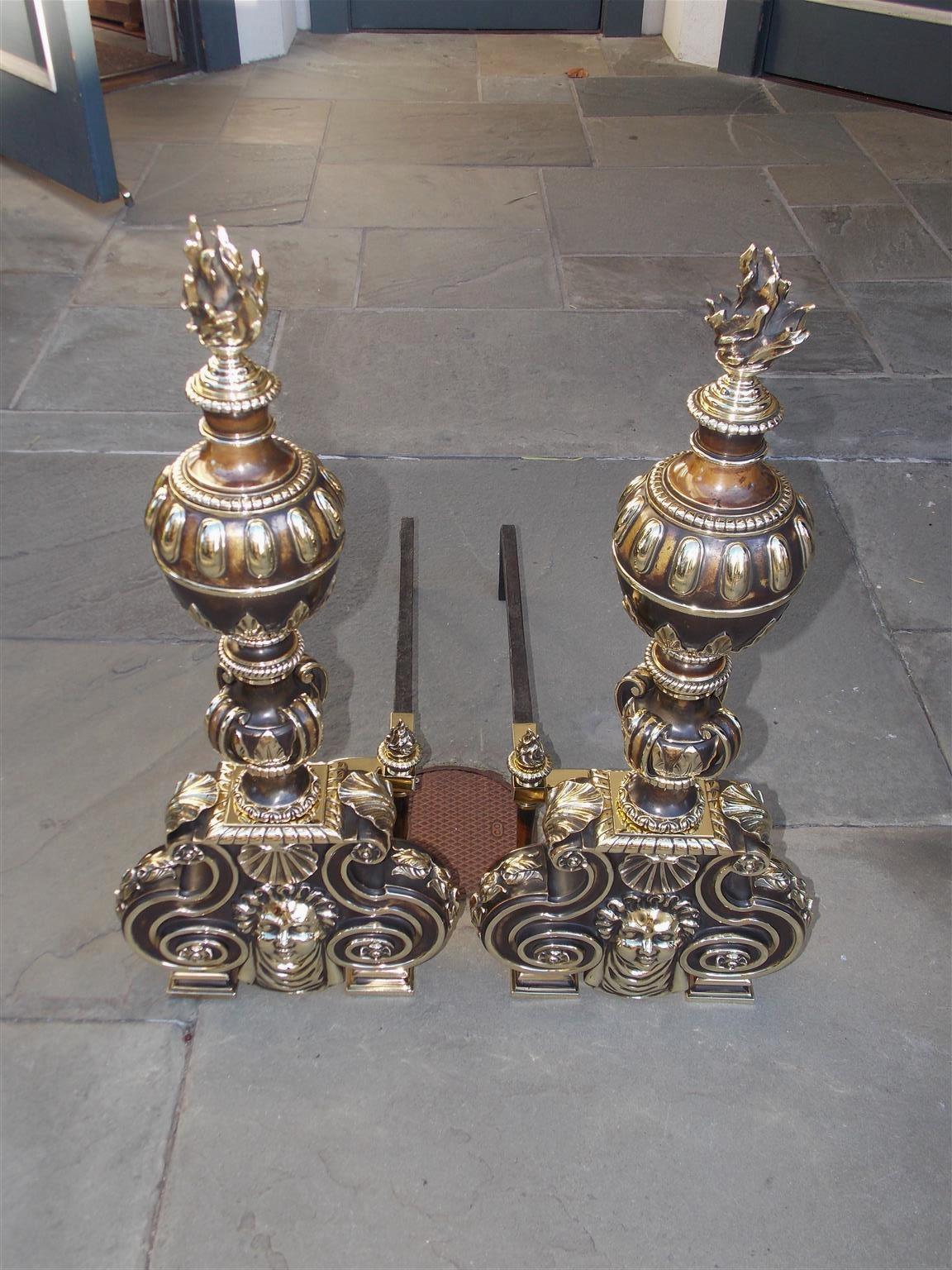 Cast Pair of American Bronze Figural and Ball Top Flame Finial Andirons, N.Y. C. 1880 For Sale