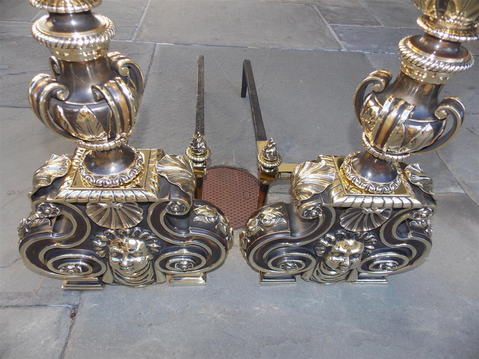 Brass Pair of American Bronze Figural and Ball Top Flame Finial Andirons, N.Y. C. 1880 For Sale